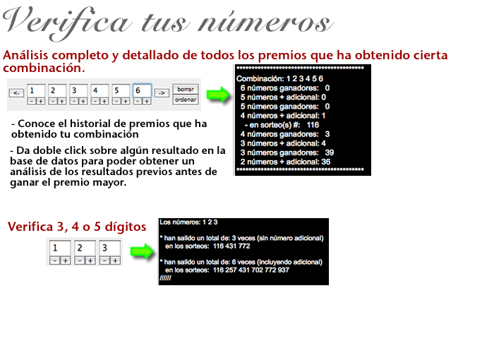 Verifica tus números. Análisis completo y detallado de todos los premios que ha obtenido cierta combinación. Conoce el historial de premios que ha obtenido tu combinación